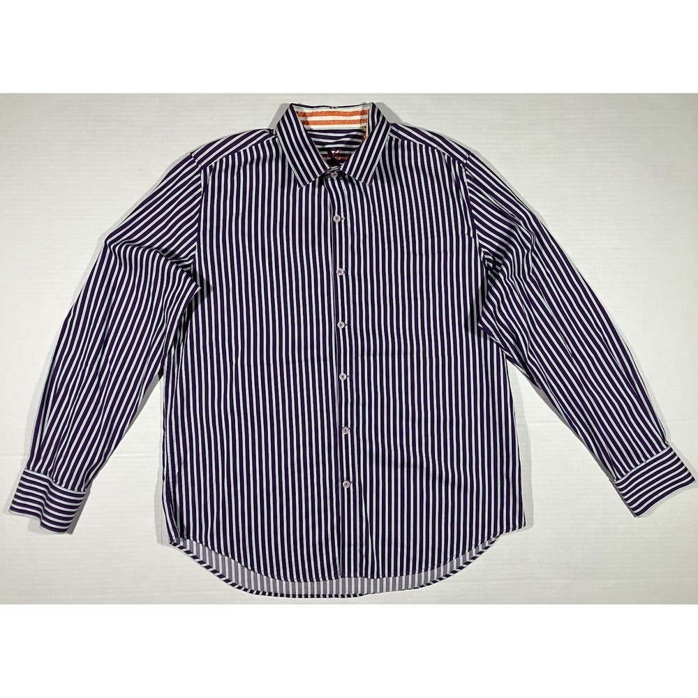 Robert Graham Dress Shirt X Striped Tailored Fit Flip Cuff Purple Button Mens XL